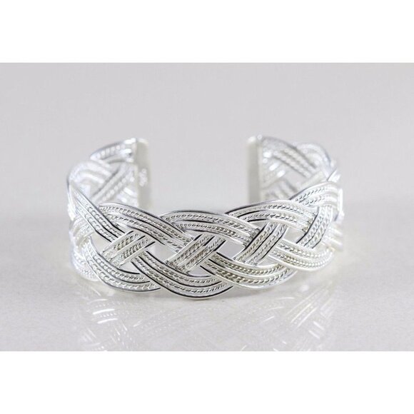 Sterling Silver Cuff Bracelet Large Braided Weave Cuff 7 1/2 Inch Adjustable - Picture 4 of 6